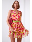 Light patterned dress with a belt, neon green and pink 03040 - Online store - Boutique